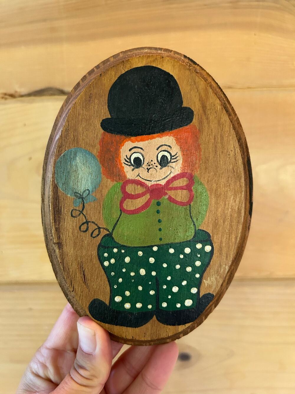 Vintage Handpainted red haired clown on wood display piece
